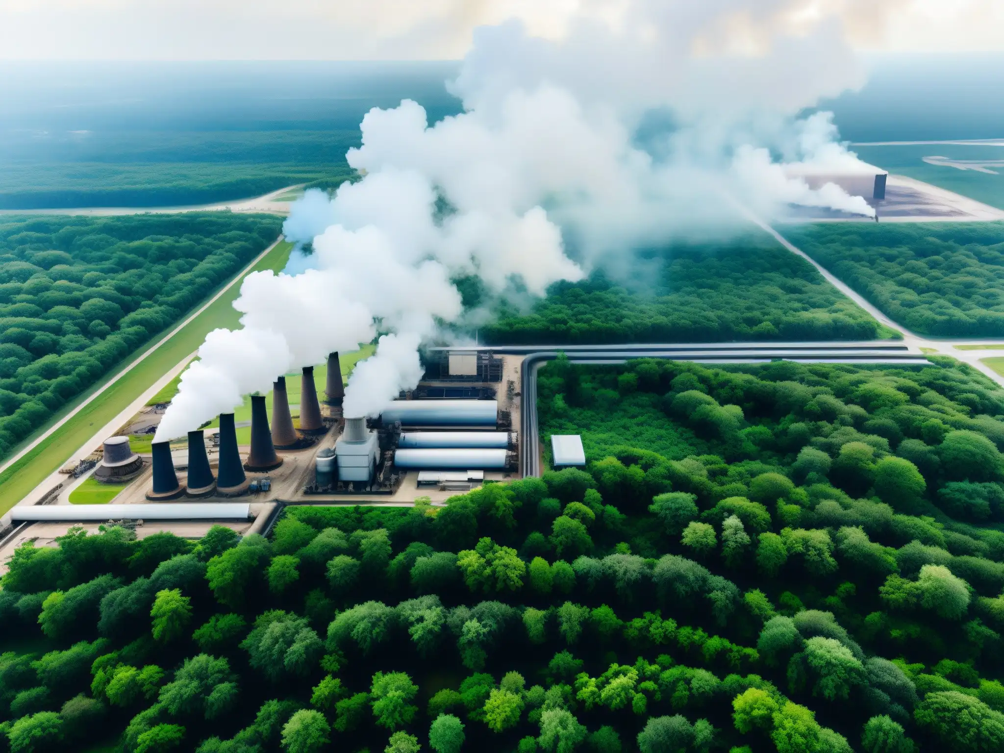 Complejo industrial con humeantes chimeneas, contraste entre impacto corporativo y naturaleza exuberante, cielo mixto de contaminación y azul claro