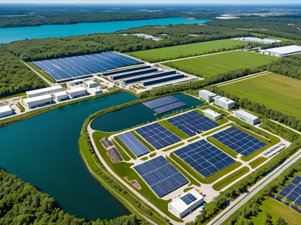 Complejo industrial moderno adaptando empresa legislación ambiental con paneles solares y espacios verdes, en armonía con la naturaleza