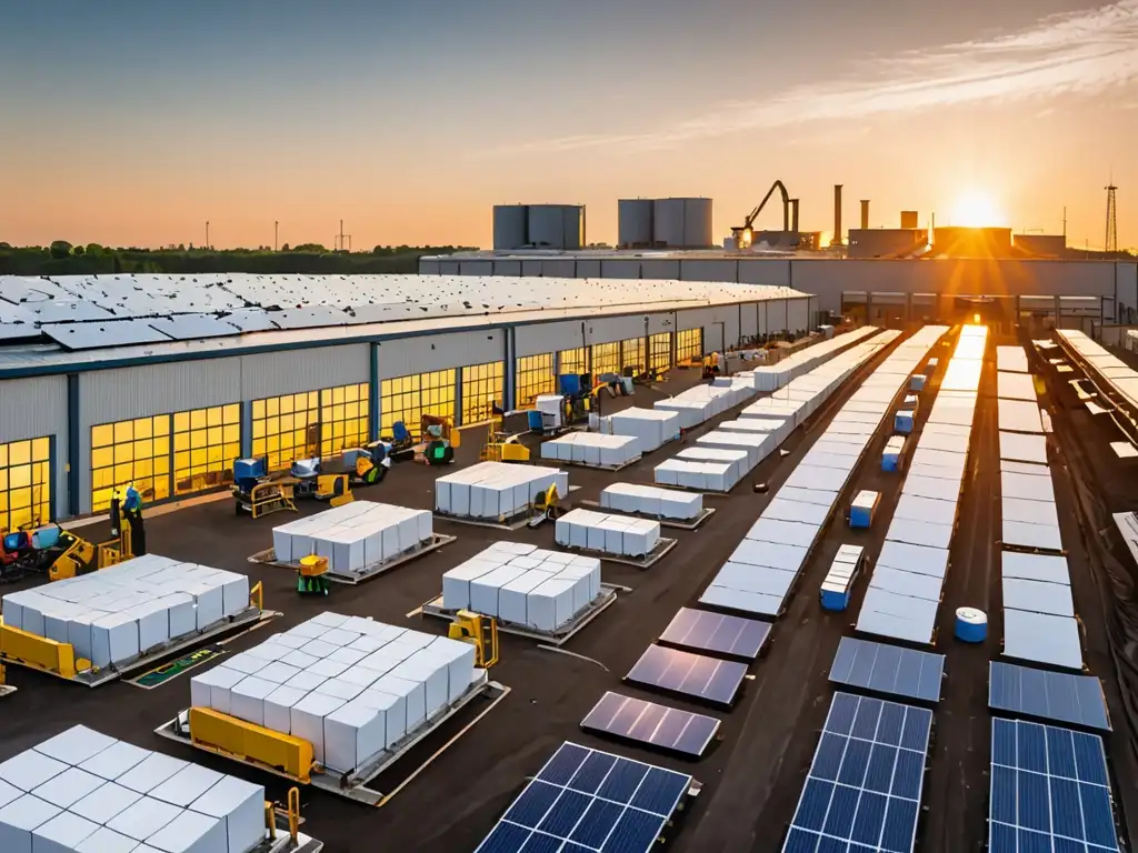 Complejo industrial moderno con paneles solares en los techos, trabajadores clasificando materiales reciclables