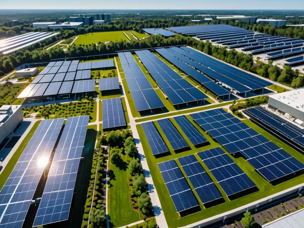 Un complejo industrial moderno con paneles solares en los techos, rodeado de naturaleza exuberante y cielos azules