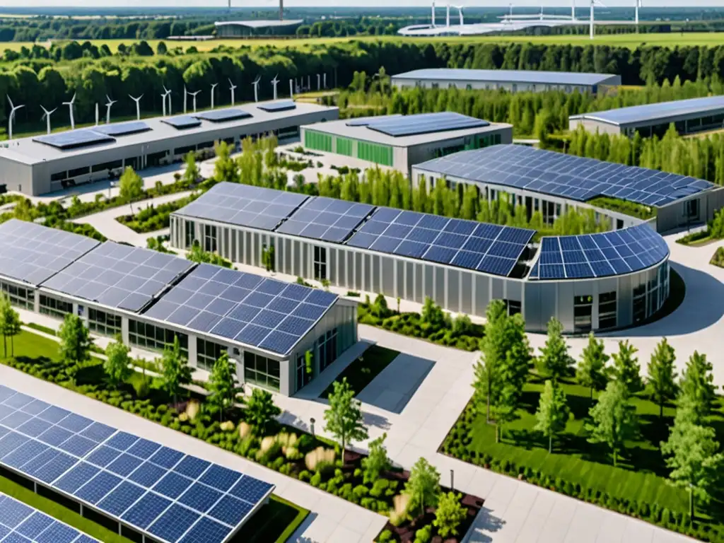 Un complejo industrial moderno y sostenible con arquitectura verde y paneles solares