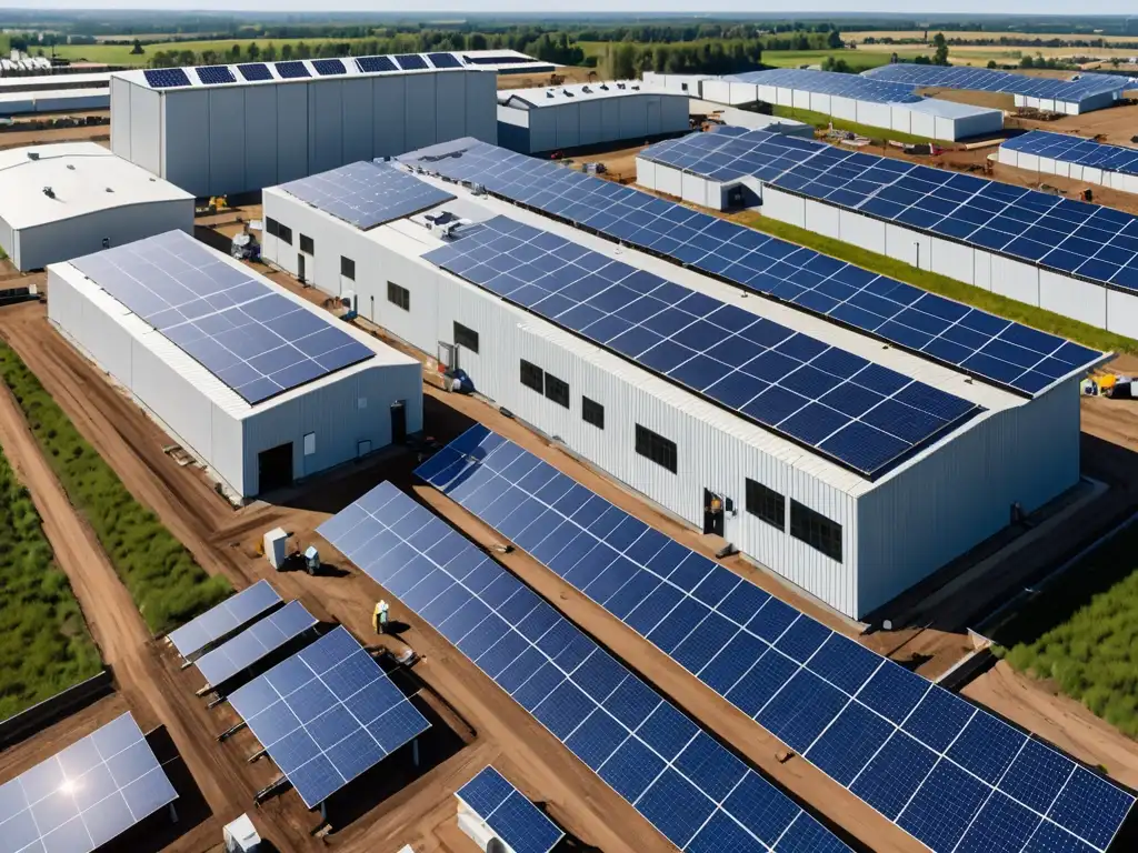 Complejo industrial con paneles solares en techos, mostrando la integración de energía renovable y obligaciones legales