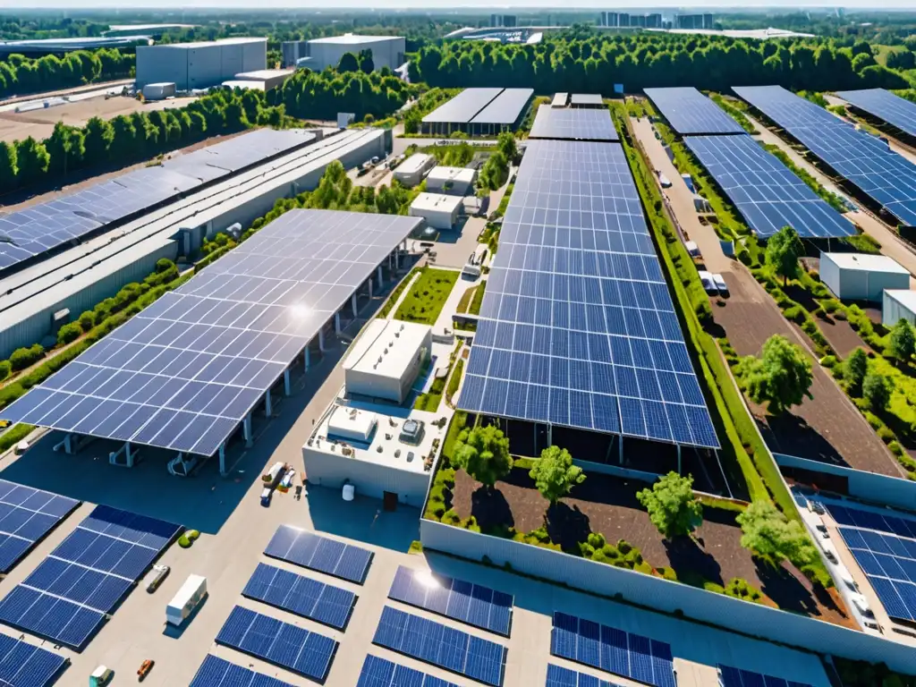 Complejo industrial con paneles solares, naturaleza exuberante y cielo azul