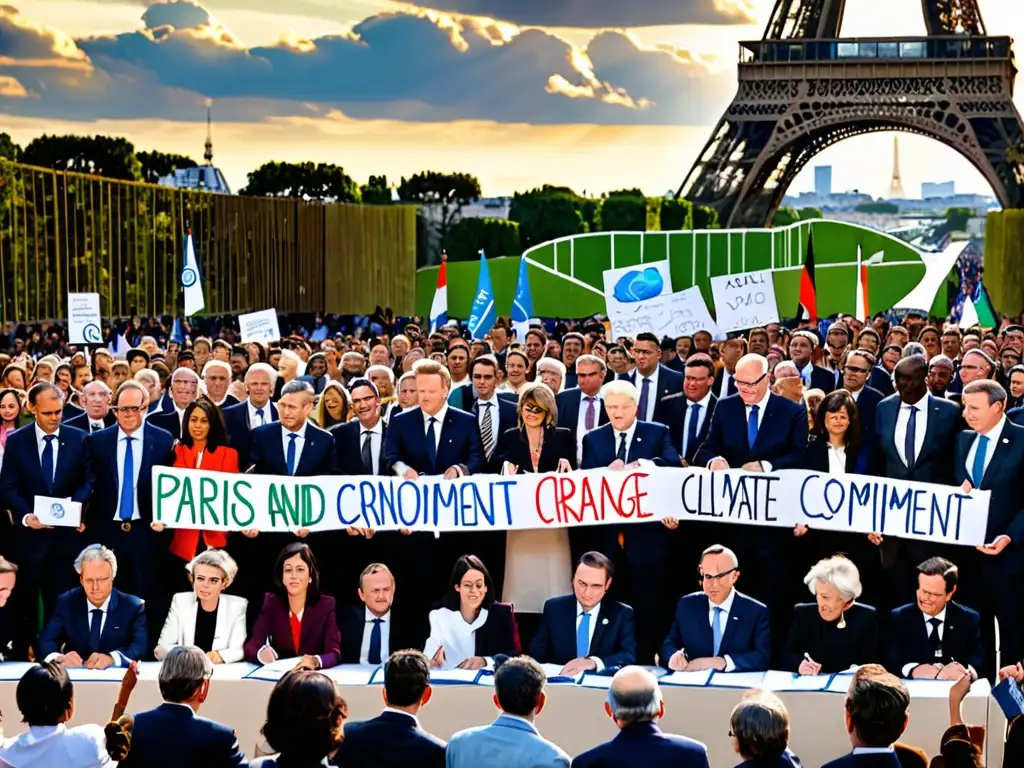 Compromiso climático: firma del Acuerdo de París con la Torre Eiffel al fondo, gente diversa sosteniendo mensajes ambientales, cielo azul y luz cálida