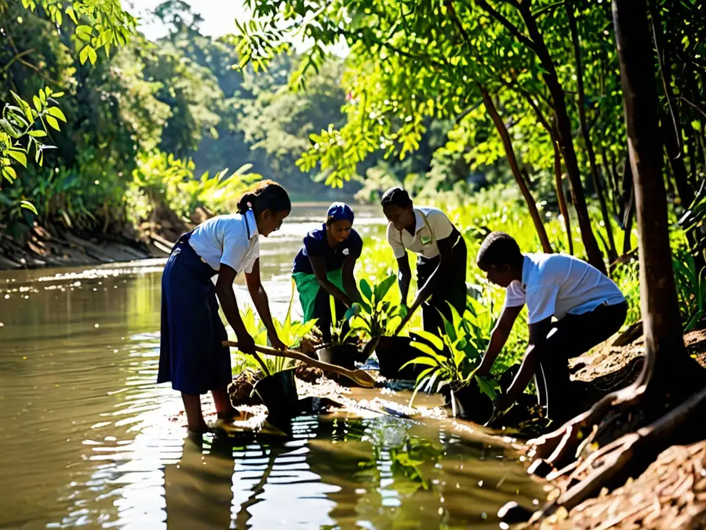 Plantación comunitaria de árboles en río: esperanza y resiliencia Comunidad plantando árboles junto al río en adaptación comunidades locales cambio climático