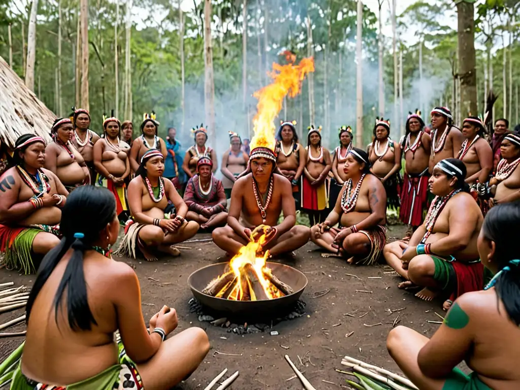 Comunidad indígena asiática celebra ritual en bosque exuberante, resaltando la interdependencia con la naturaleza y la legislación ambiental