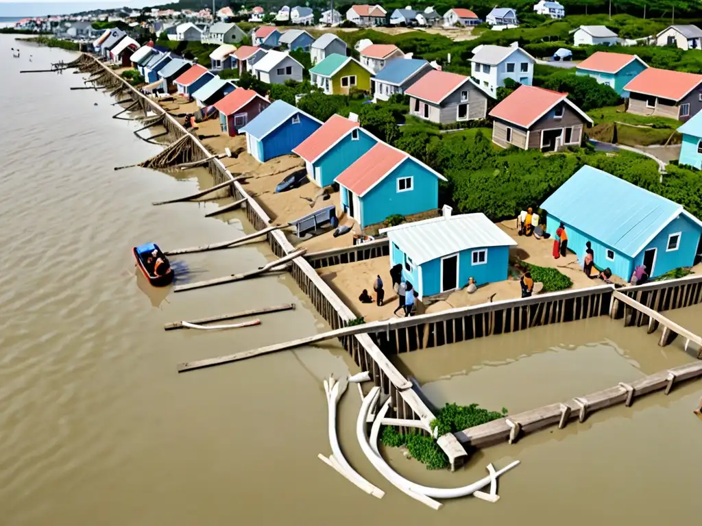 Comunidad costera afectada por el aumento del nivel del mar, residentes construyen barreras improvisadas para proteger sus hogares y medios de vida