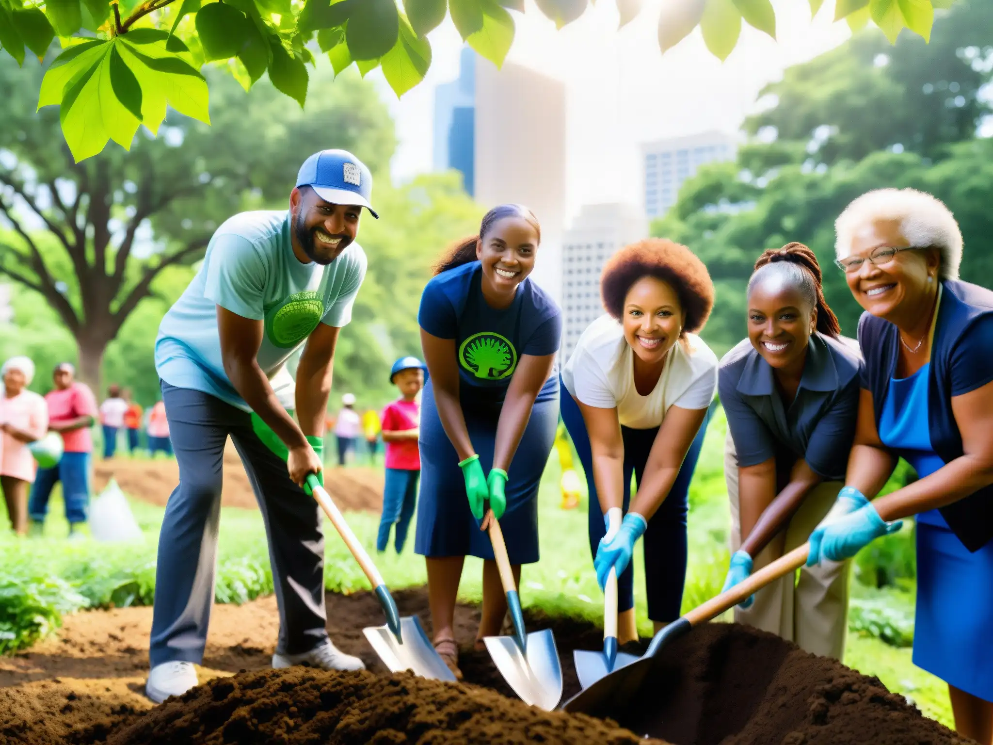 Comunidad diversa plantando árboles en un bosque urbano, esperanza ante legislaciones locales protección bosques urbanos