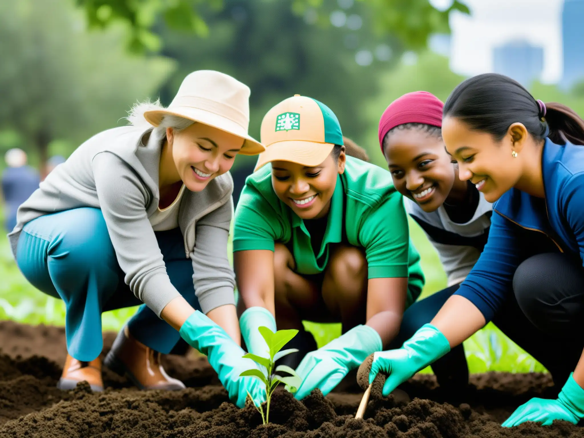 Comunidad diversa plantando árboles urbanos, reflejando legislaciones locales protección bosques urbanos