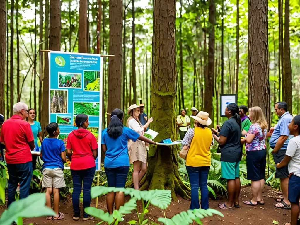 Comunidad diversa se reúne en un bosque exuberante para actividades de conservación