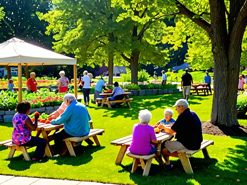 Comunidad diversa disfruta participación ciudadana preservación espacios verdes en vibrante parque con jardín comunitario y actividades al aire libre