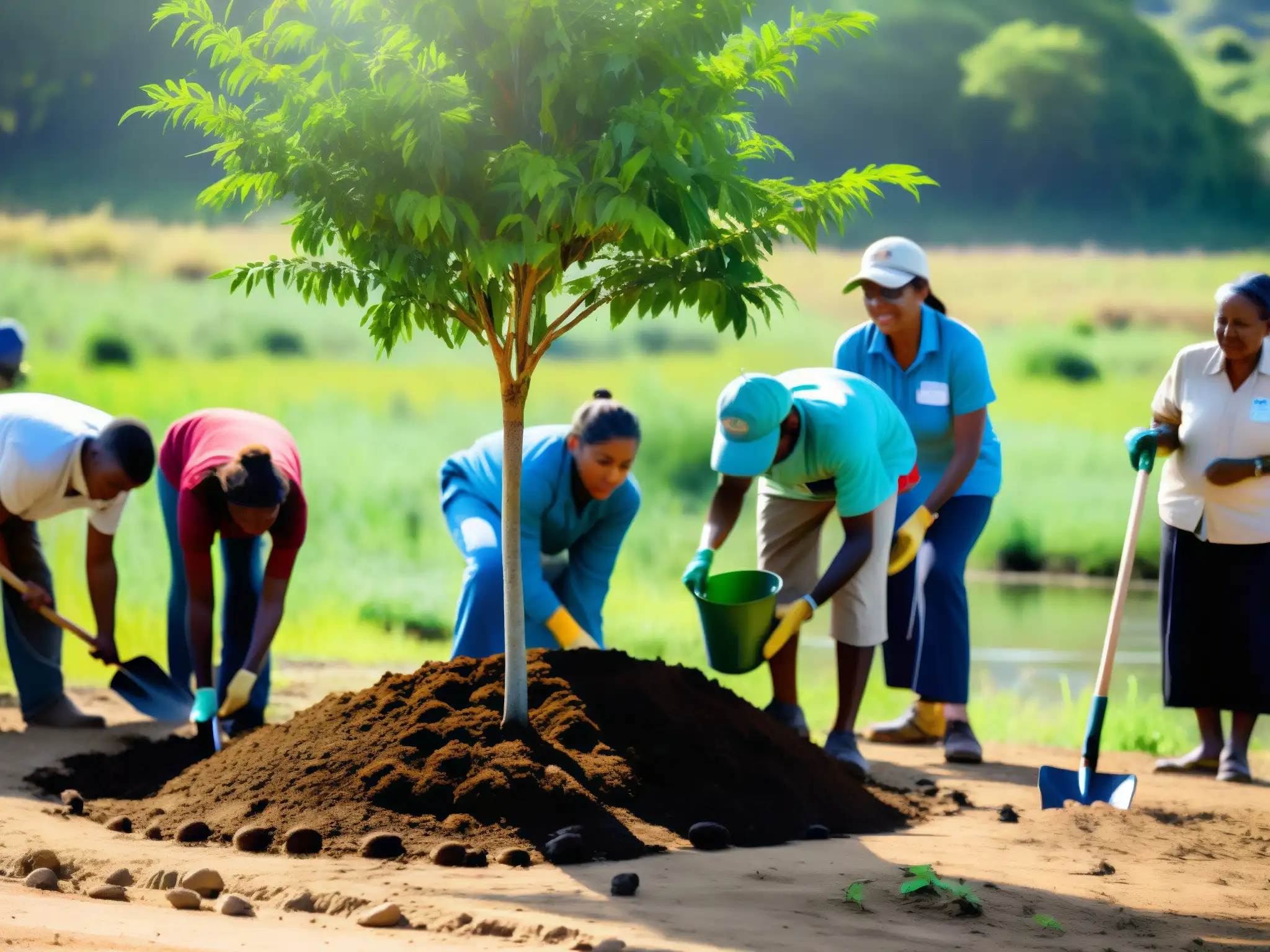 Comunidad diversa restaurando ecosistemas con árboles nativos