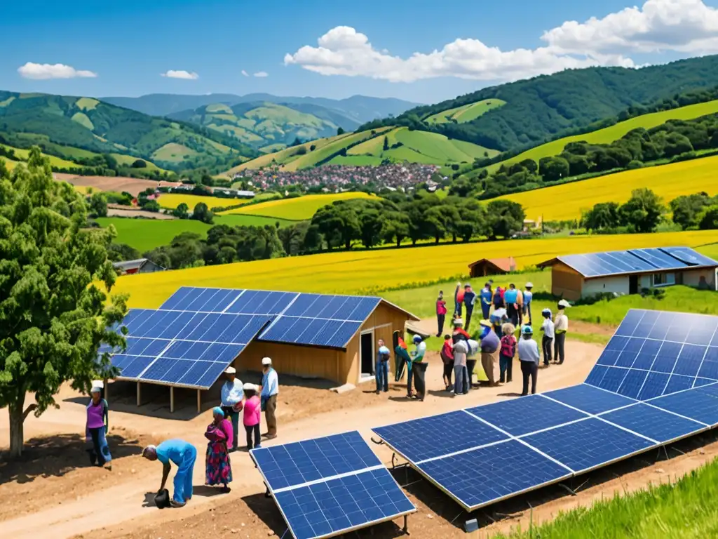 Una comunidad diversa instala paneles solares en un entorno rural, promoviendo la energía renovable