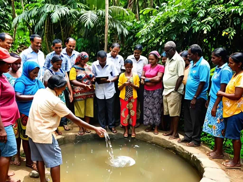 Comunidad diversa reunida en fuente de agua natural, colaborando en gestión sostenible del agua global