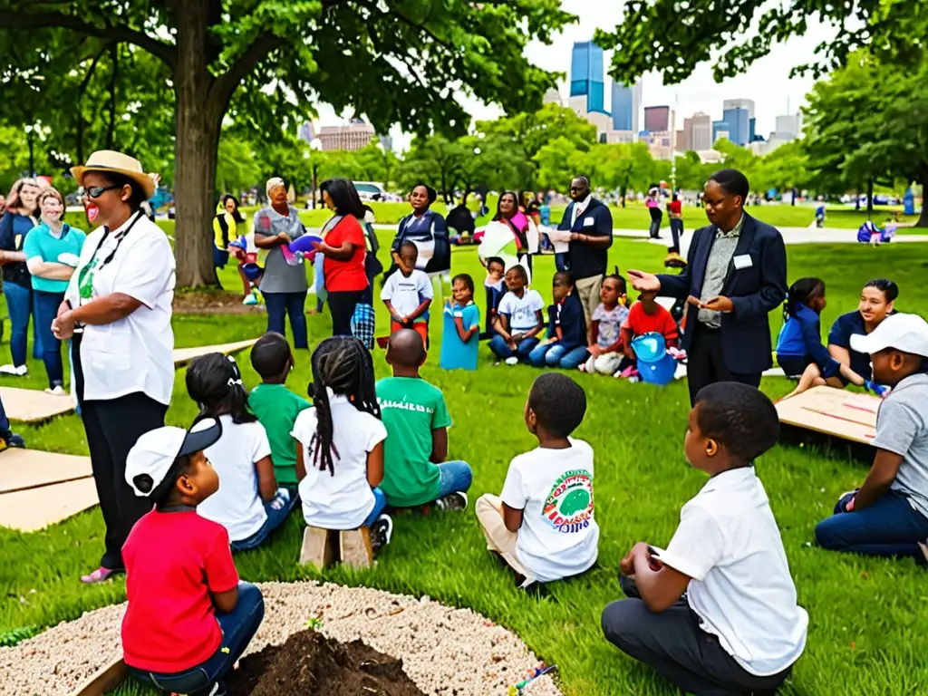 Comunidad diversa participa en taller de educación ambiental en parque urbano, con estrategias legales para reducción de emisiones y cambio climático