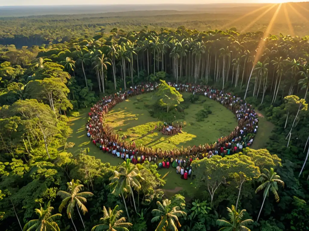 Comunidad indígena y activistas en estrategias legales contra extractivismo en un bosque vibrante, evocando esperanza y resistencia