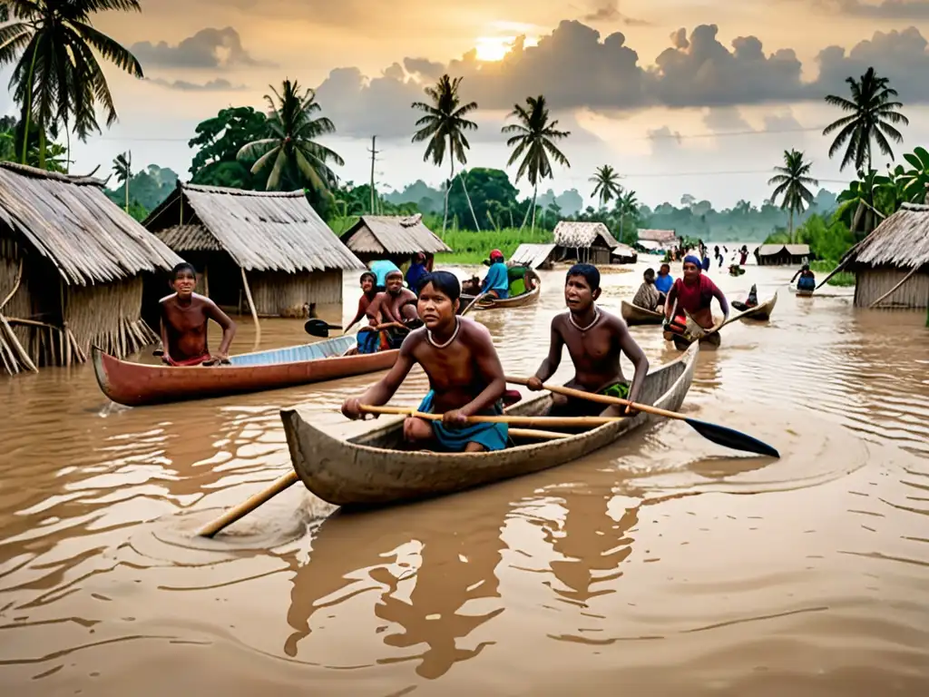 Comunidad indígena navegando en aldea inundada, mostrando impacto del cambio climático en sus vidas y cultura