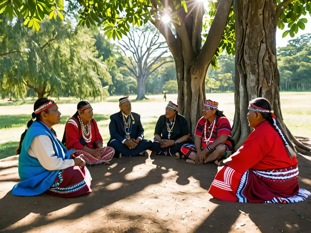 Comunidad indígena en diálogo bajo un árbol, representando la participación de comunidades indígenas en energía renovable