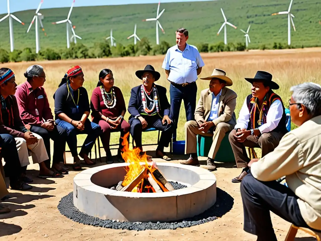 Comunidad indígena en diálogo sobre energía renovable con autoridades y expertos, con paneles solares y turbinas eólicas al fondo