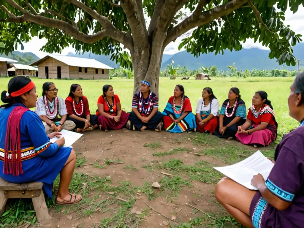 Comunidad indígena empoderada aprende sobre defensa de territorios con experto legal bajo un árbol