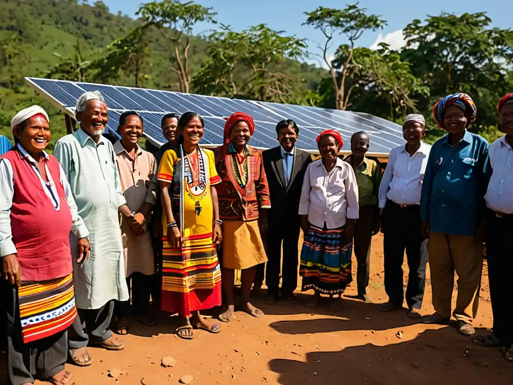 Comunidad indígena inspecciona instalación de energía solar, reflejando participación en energía renovable