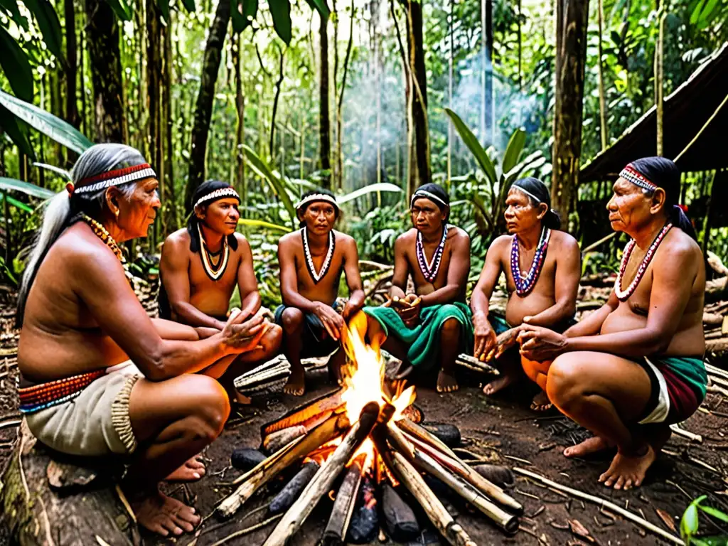 Comunidad indígena reúne alrededor del fuego compartiendo sabiduría tradicional en la selva