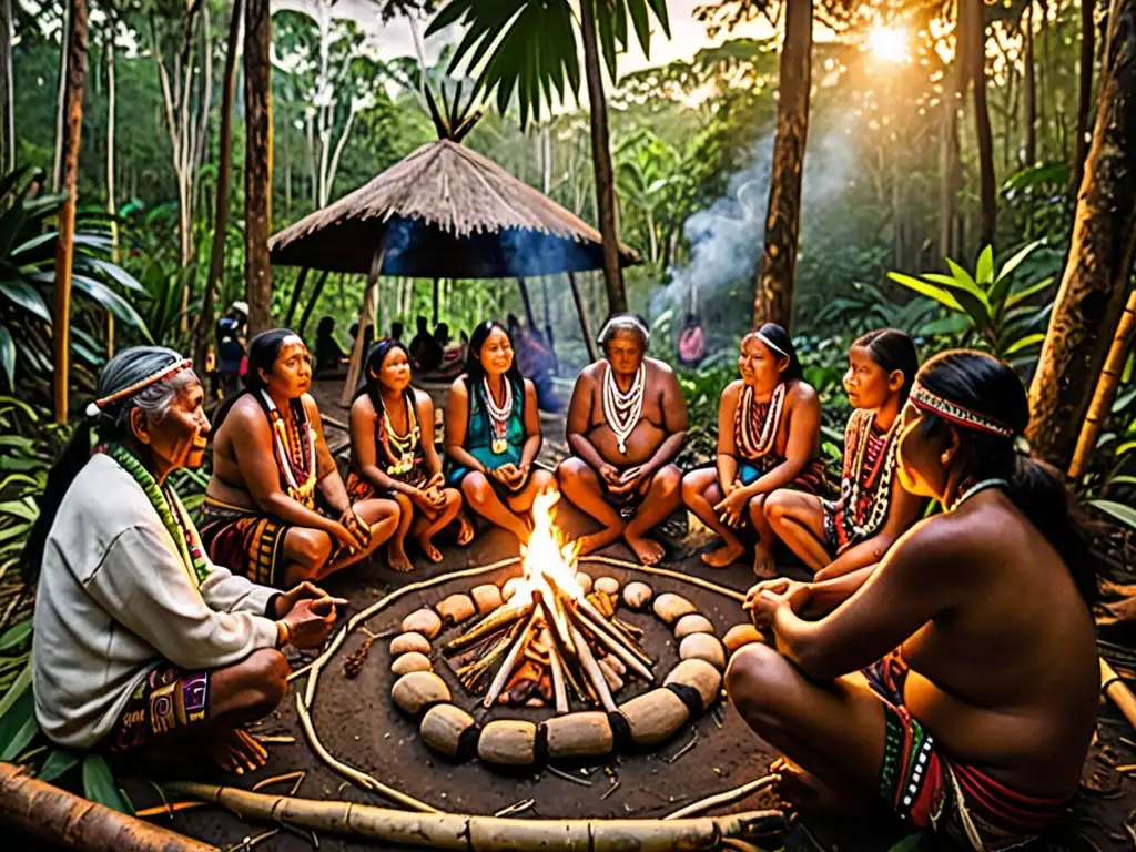 Ceremonia ancestral: comunidad indígena en la selva Una comunidad indígena se reúne alrededor del fuego en la selva, participando en una ceremonia ancestral