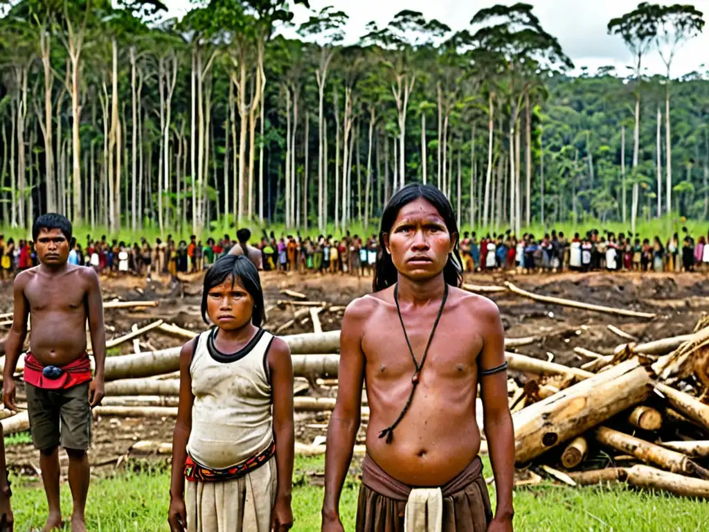 Comunidad indígena observa impacto de la deforestación en su tierra, expresando tristeza y determinación frente a la devastación ambiental