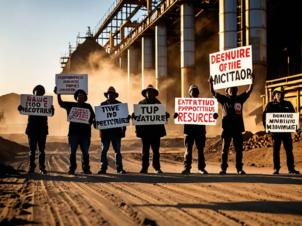 Comunidad indígena protesta contra el extractivismo en mina al atardecer