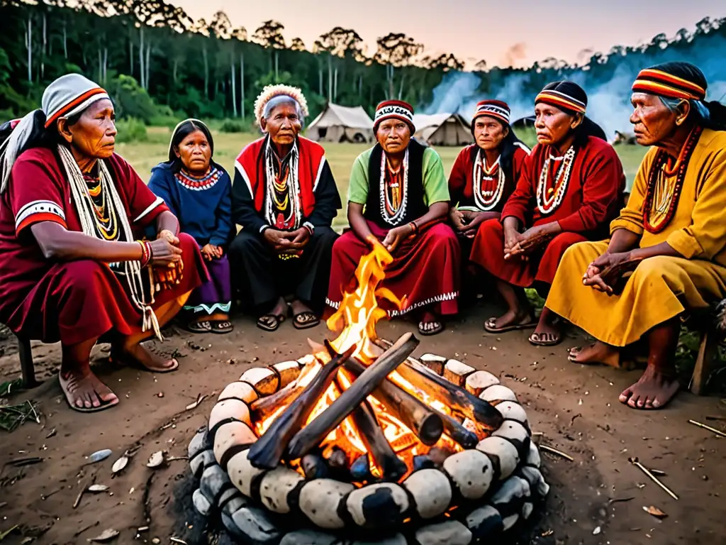 Comunidad indígena reunida alrededor del fuego, mostrando fuerza y unidad frente a desplazamiento forzado y conflictos armados en sus territorios