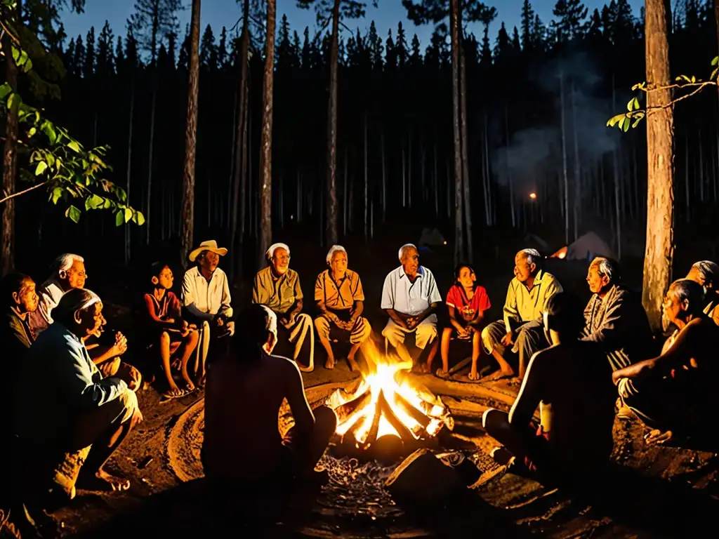 Comunidad indígena reunida alrededor del fuego, compartiendo sabiduría en la oscuridad del bosque