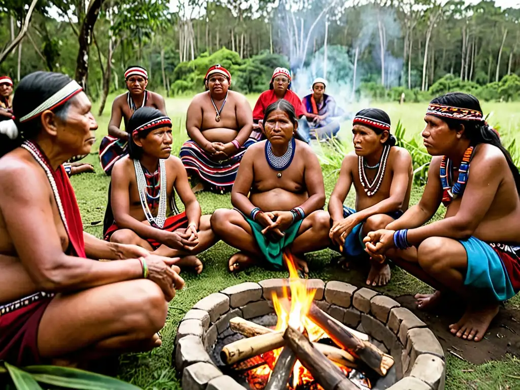 Comunidad indígena reunida alrededor del fuego, compartiendo sabiduría