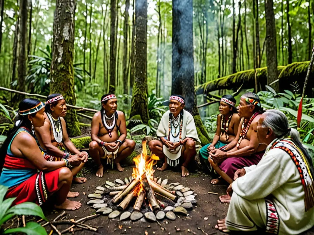 Comunidad indígena reunida alrededor del fuego en el bosque