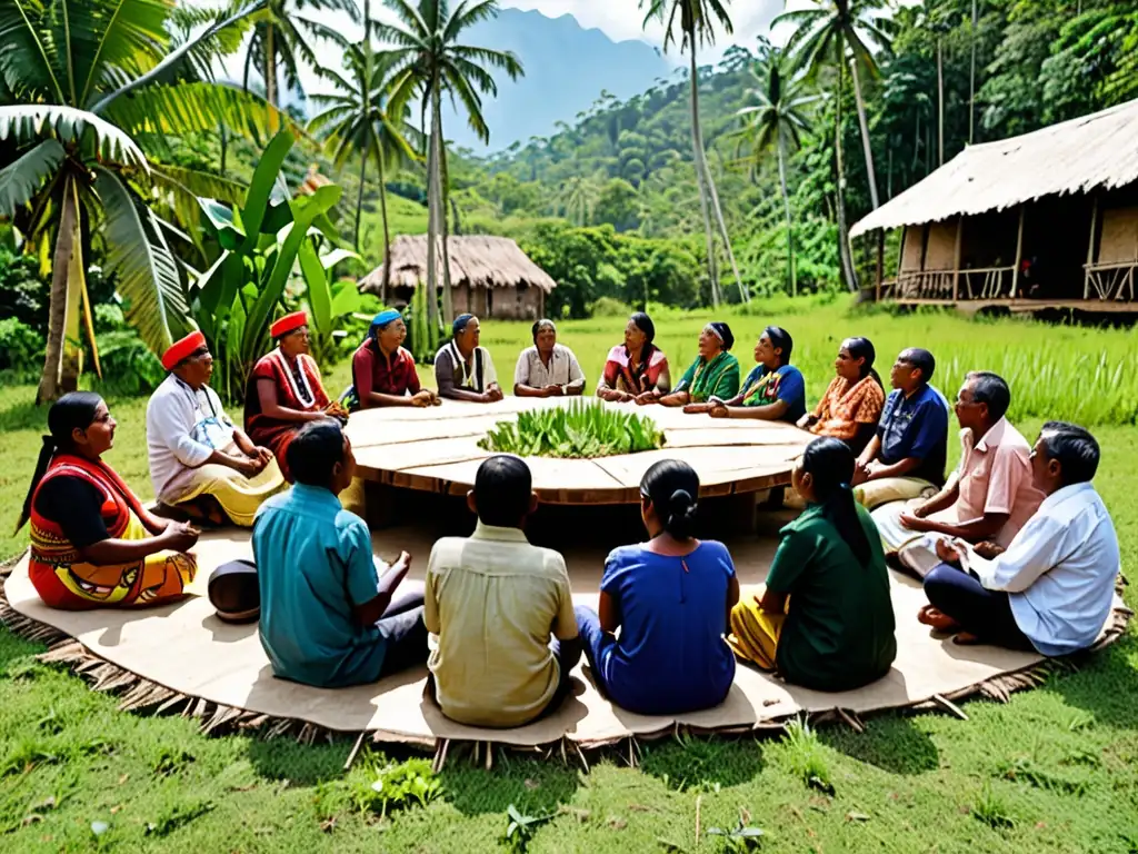 Comunidad indígena reunida alrededor de una mesa, planificación sostenible pueblos indígenas en paisaje biodiverso