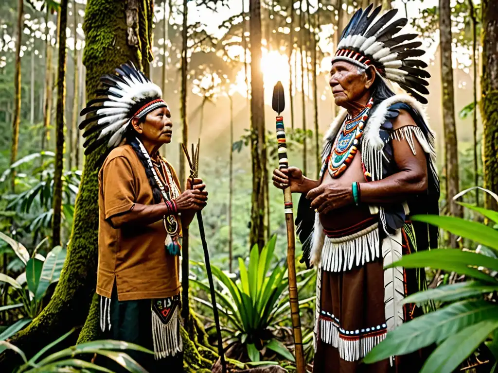 Comunidad indígena observa la selva al atardecer, destacando la importancia de áreas protegidas para comunidades indígenas