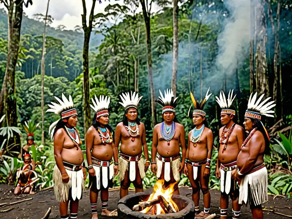 Comunidad indígena en la selva con atuendos tradicionales alrededor de una fogata, reflejando la conexión con la naturaleza