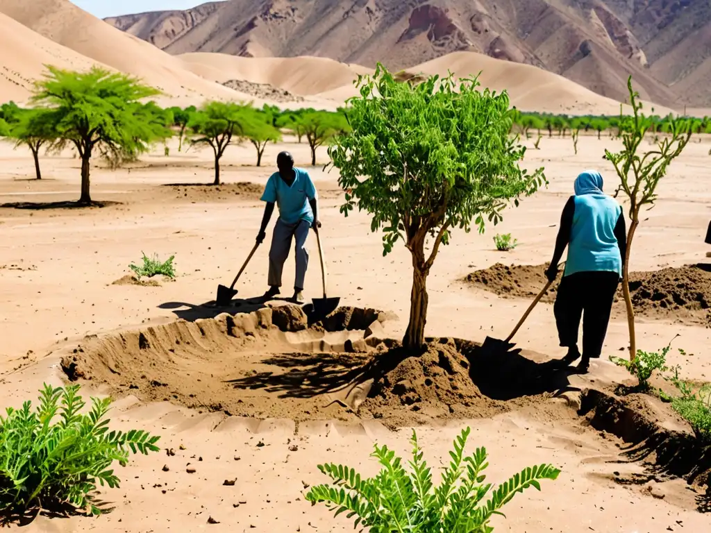 Una comunidad local lucha contra la desertificación plantando árboles en un paisaje árido