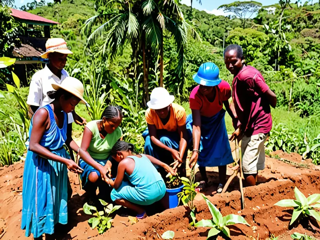 Construyendo Resiliencia: Comunidad unida frente al cambio climático Comunidad local construyendo infraestructura climáticamente resiliente rodeada de exuberante vegetación y cielos azules