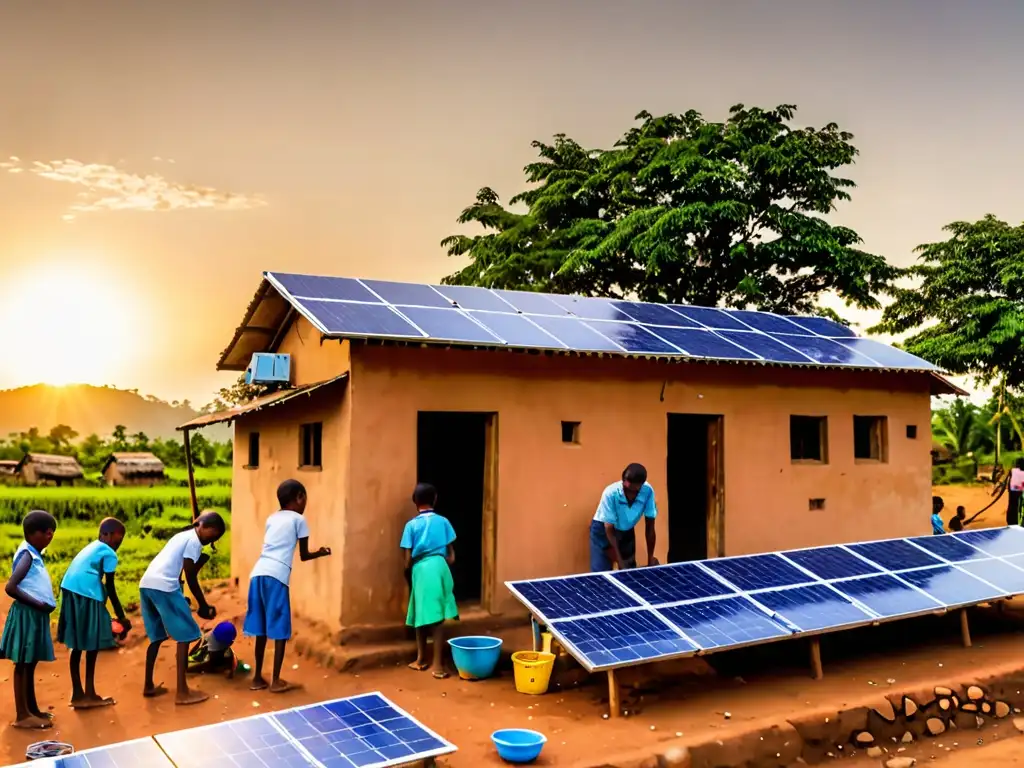 Comunidad local instalando paneles solares al atardecer en un pueblo rural de un país en desarrollo