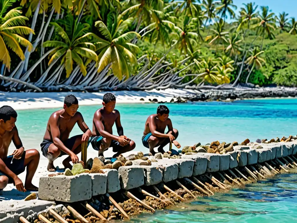 Comunidad de Oceanía construyendo un muro de contención tradicional, reflejando las políticas ambientales clave Oceanía