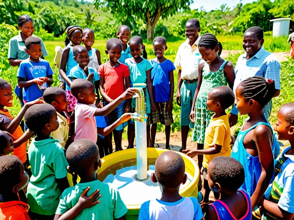 Comunidad disfrutando del pozo de agua limpia, niños llenando recipientes, adultos conversando sobre sostenibilidad