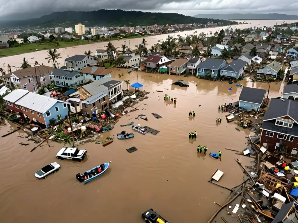 Comunidad resiliente afrontando desafíos gestión desastres naturales sostenibilidad en ciudad costera devastada