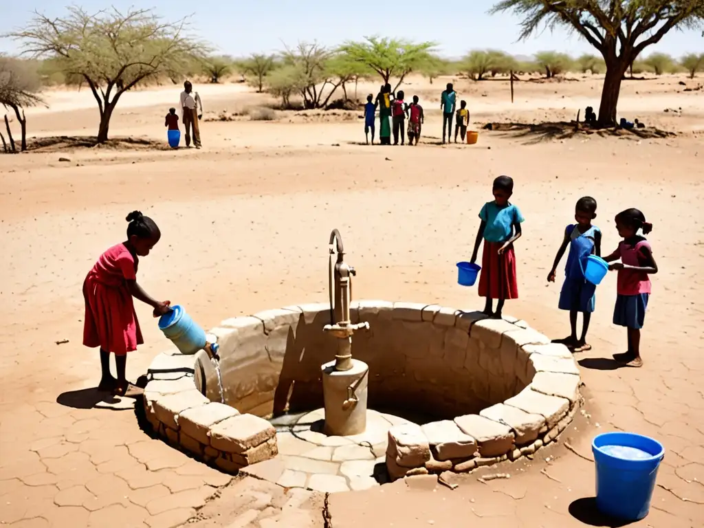 Comunidad reunida alrededor de un pozo, niños jugando y adultos recogiendo agua en tierra árida