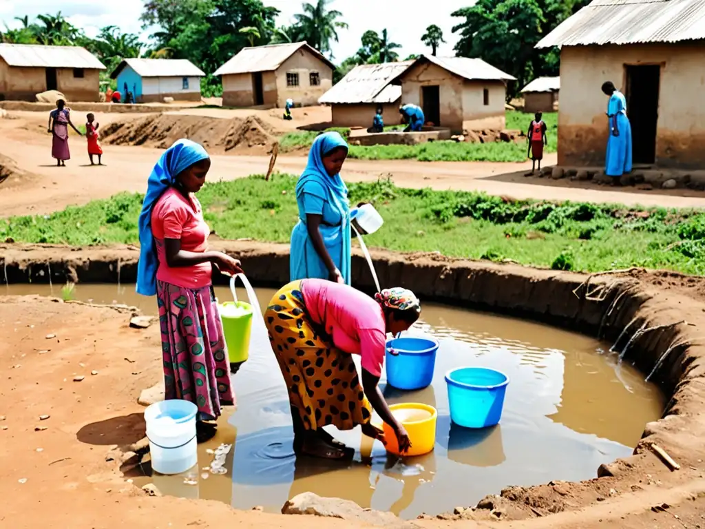 Comunidad rural en un país en desarrollo recolectando agua de fuente contaminada, con trabajador de salud realizando prueba de calidad del agua