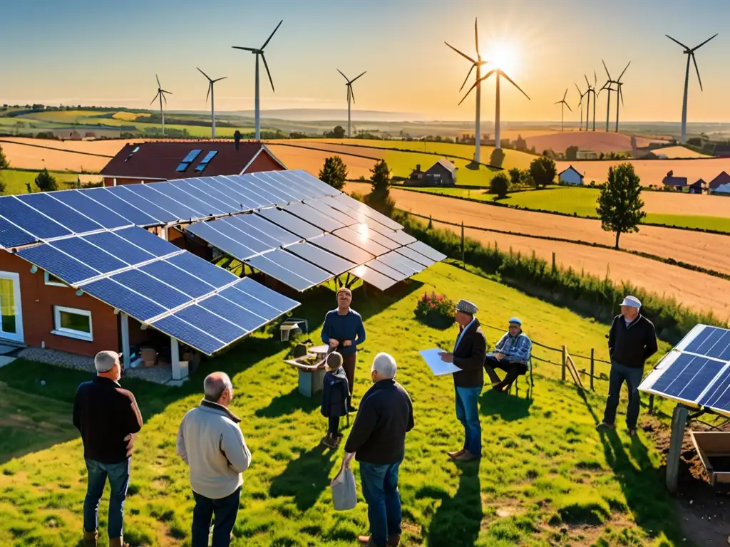 Comunidad rural con paneles solares, en la hora dorada