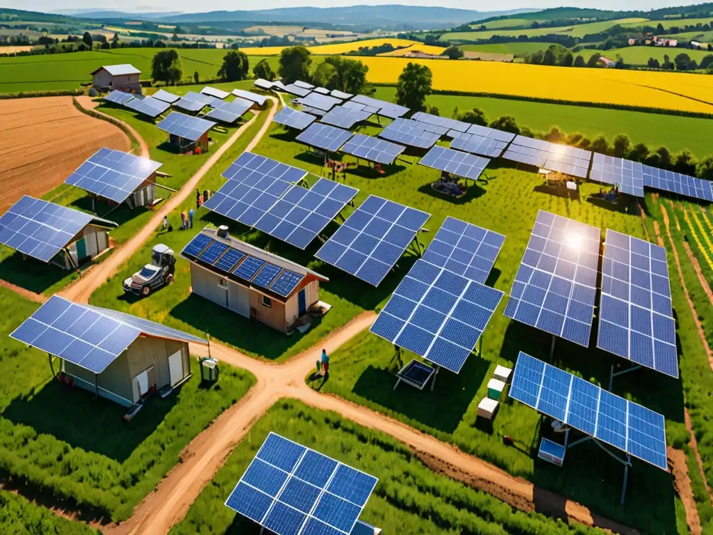 Comunidad rural con paneles solares, vida tradicional y desarrollo sostenible