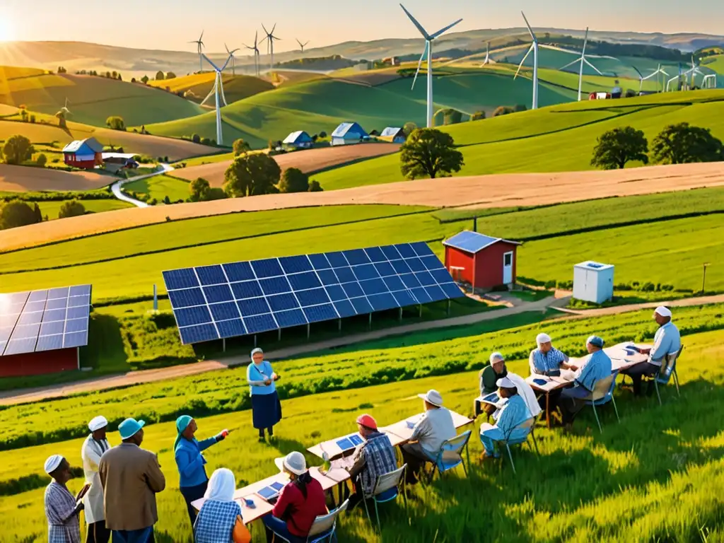 Comunidad rural planificando políticas de energías renovables, paisaje sostenible al atardecer