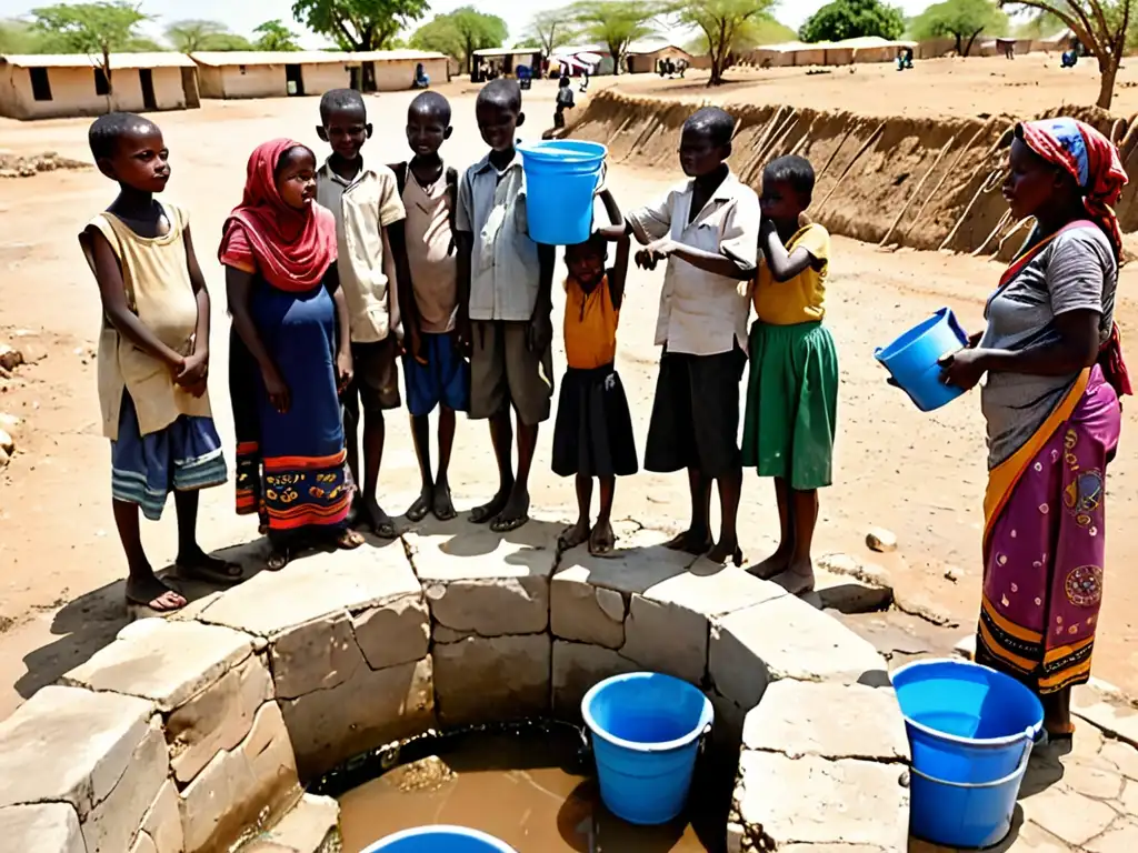 Comunidad rural espera en pozo de agua, resaltando la escasez