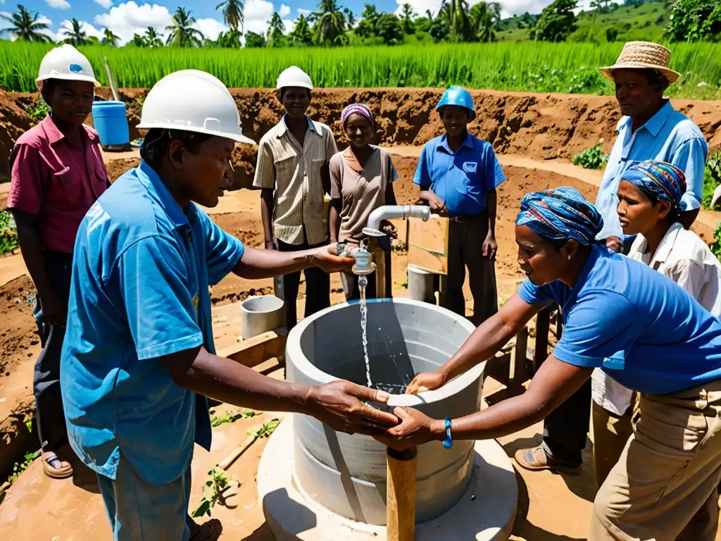 Comunidad construyendo sistema de purificación de agua, con cielos azules y exuberante vegetación