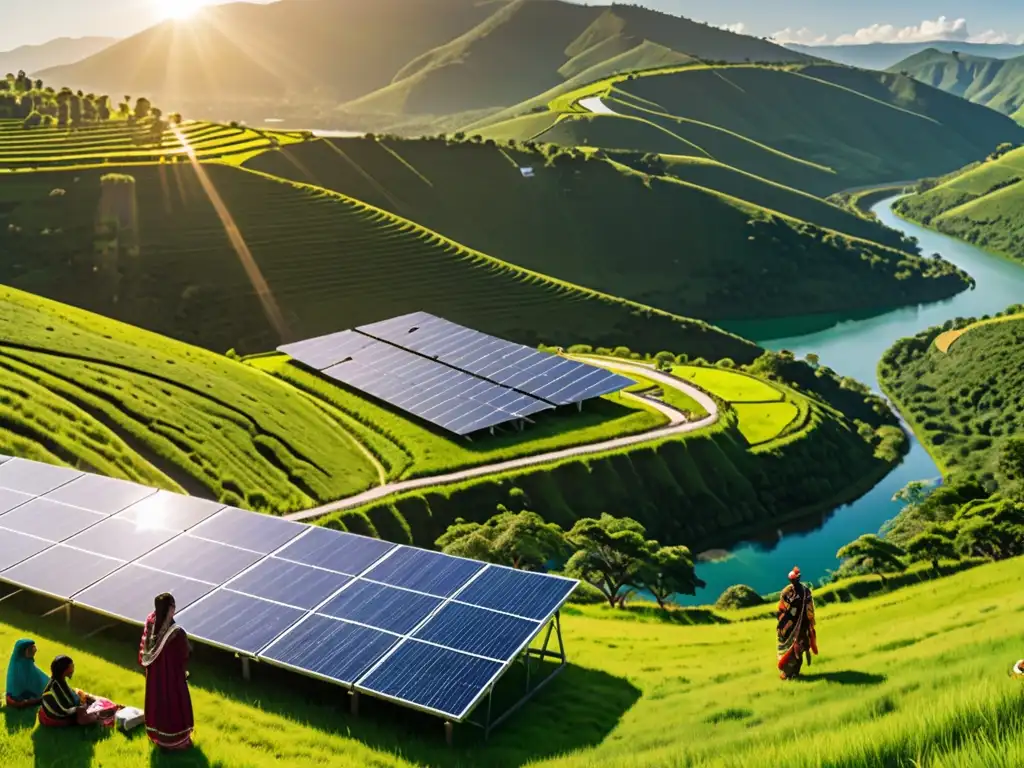 Comunidades indígenas participando en energía renovable junto a ingenieros y autoridades, en un paisaje verde y tranquilo